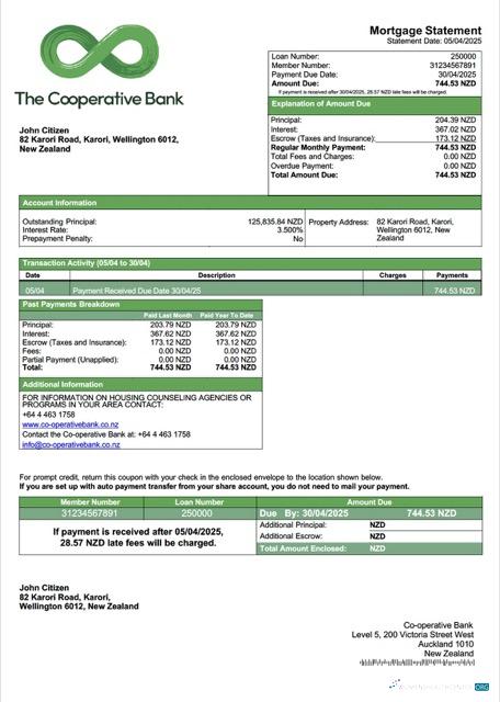Download New Zealand Co operative Bank mortgage statement Word and PDF template Photoshop template